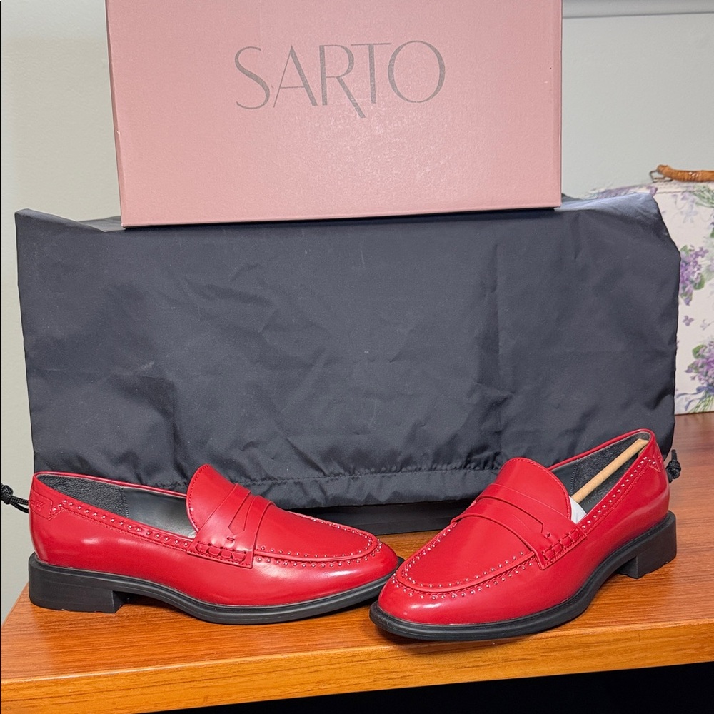 Franco Sarto Red Leather Penny Loafers with Black Sole